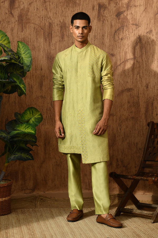 GREEN CHANDERI mens kurta pajama with zardozi