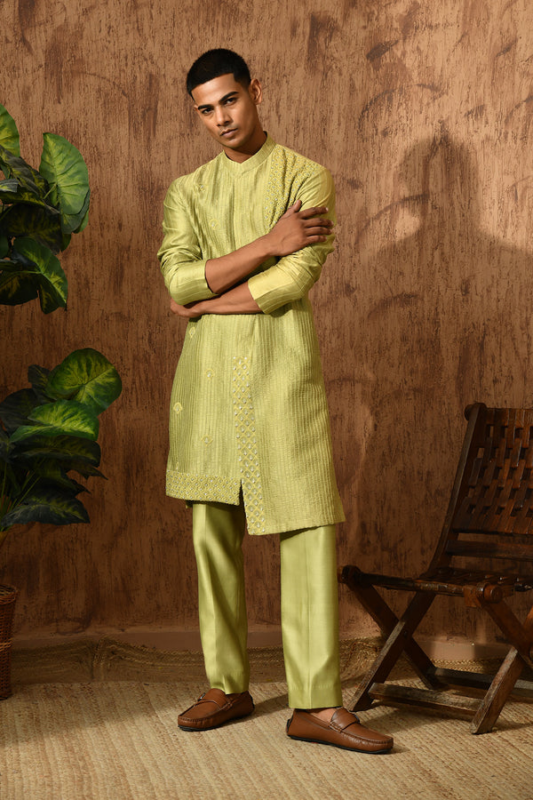 GREEN CHANDERI mens kurta pajama with zardozi
