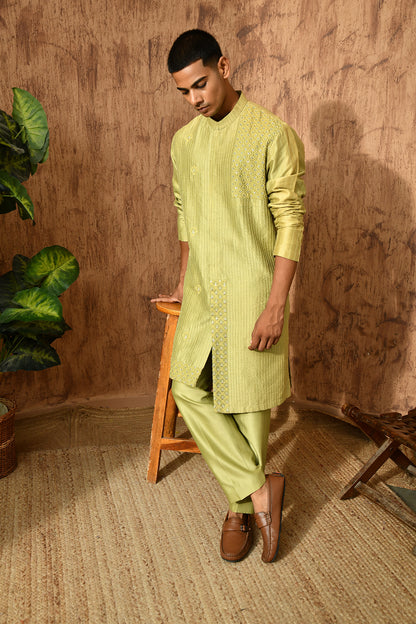GREEN CHANDERI mens kurta pajama with zardozi