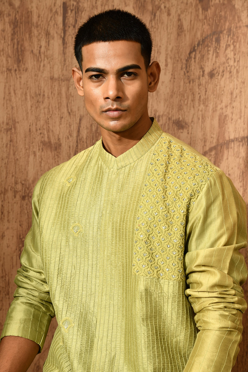 GREEN CHANDERI mens kurta pajama with zardozi
