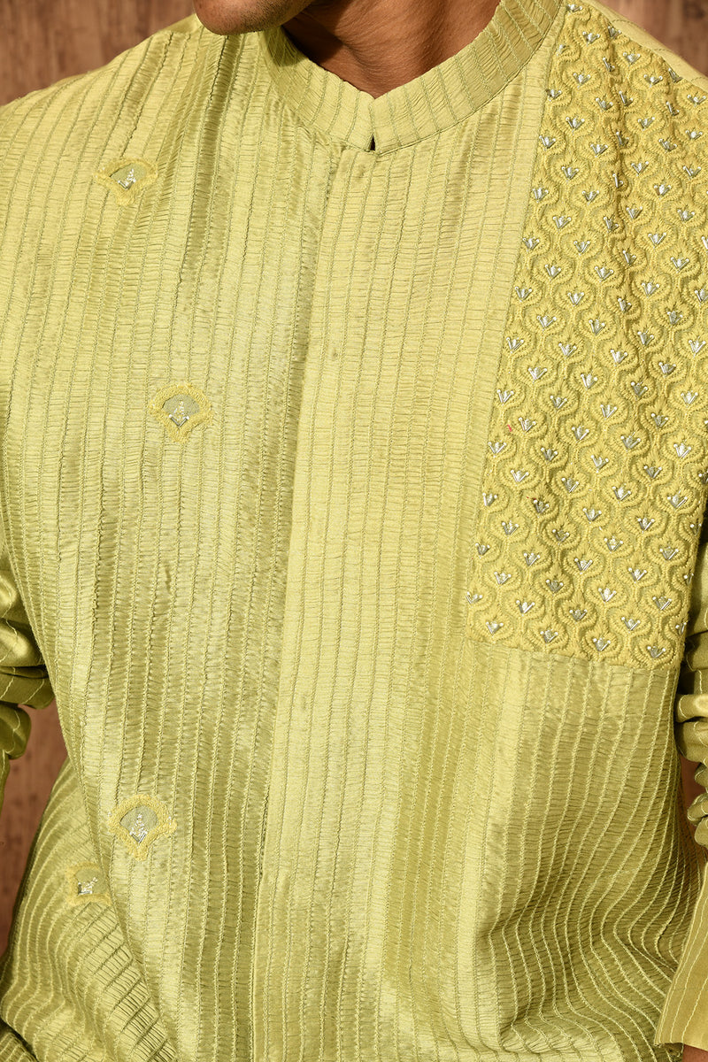GREEN CHANDERI mens kurta pajama with zardozi