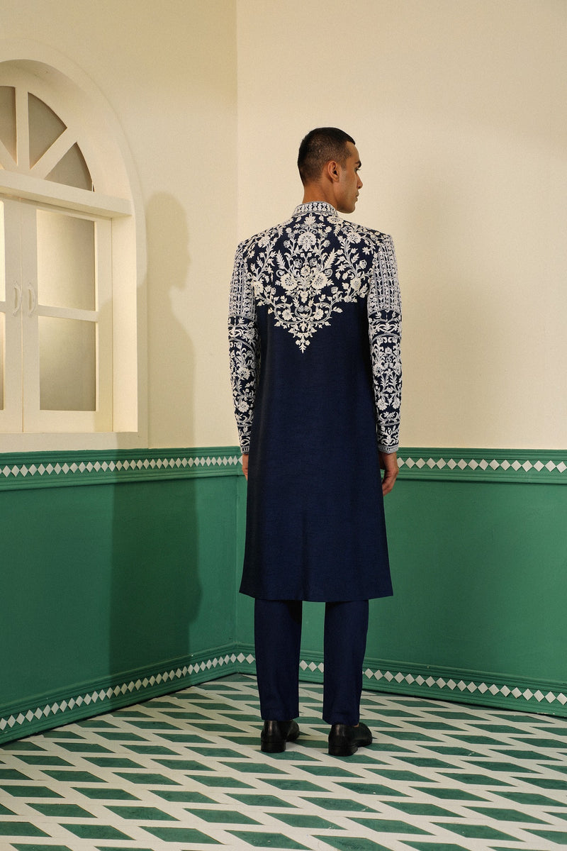 Navy blue dupion sherwani showcasing the elegance of dori and pearlwork SW1431