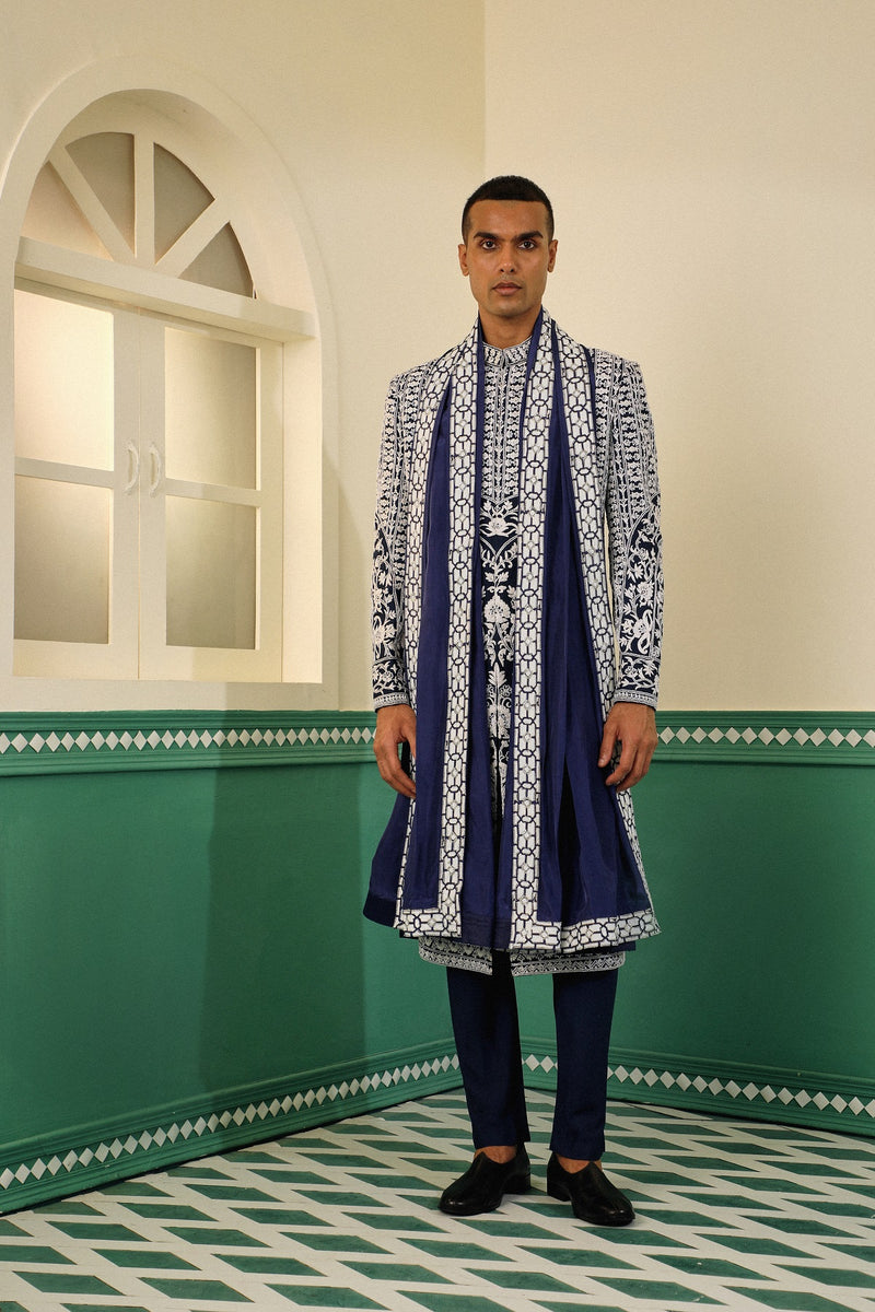 Navy blue dupion sherwani showcasing the elegance of dori and pearlwork SW1431