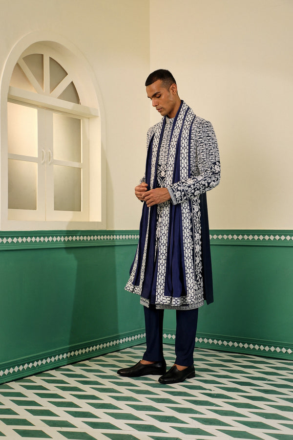 Navy blue dupion sherwani showcasing the elegance of dori and pearlwork SW1431