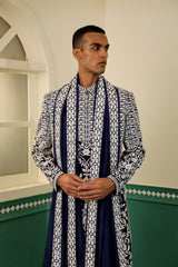 Navy blue dupion sherwani showcasing the elegance of dori and pearlwork SW1431