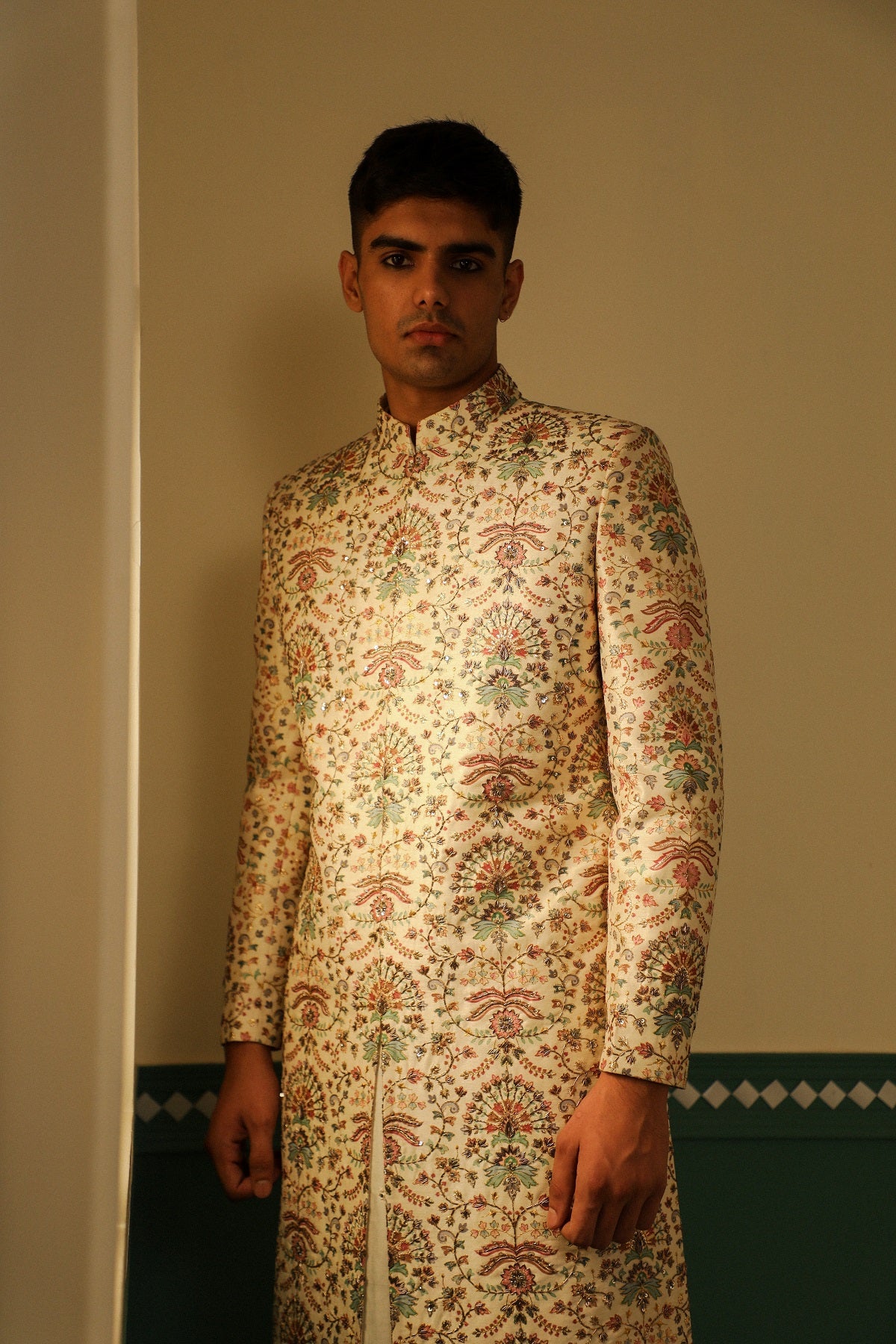Ivory base sherwani in dupion silk with multicolored block print SW1436