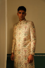 Ivory base sherwani in dupion silk with multicolored block print SW1436