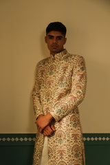 Ivory base sherwani in dupion silk with multicolored block print SW1436