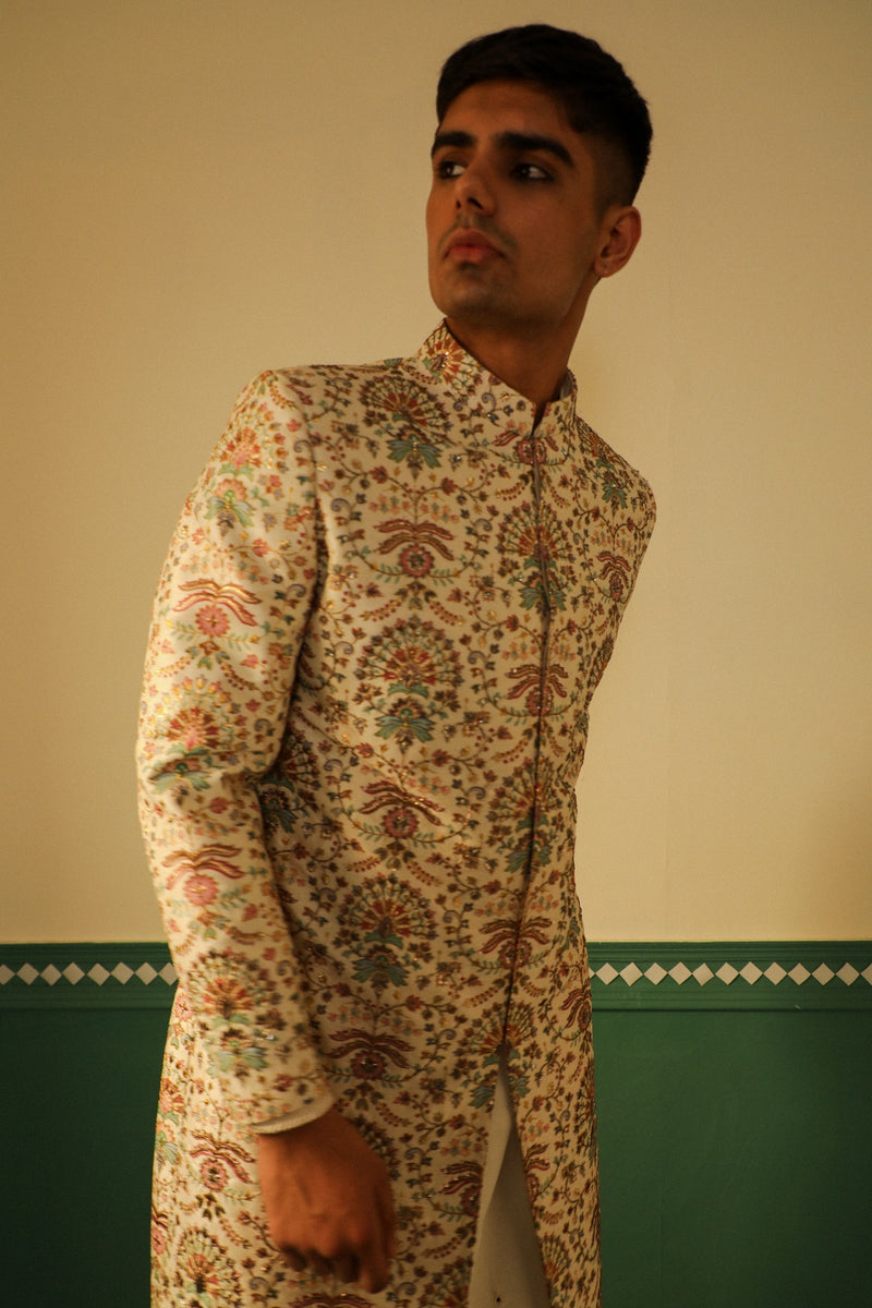 Ivory base sherwani in dupion silk with multicolored block print SW1436