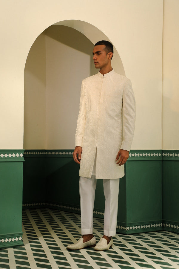 Threadwork achkan on chanderi with cotton silk kurta and pant