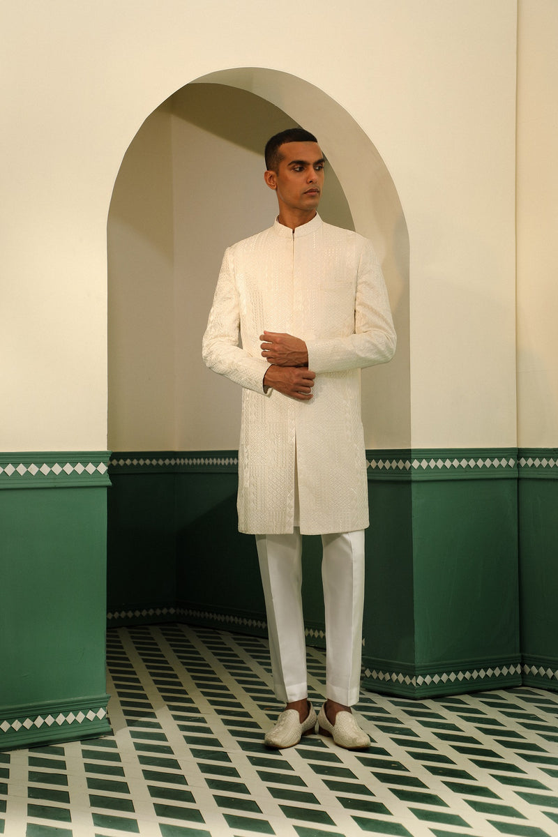 Threadwork achkan on chanderi with cotton silk kurta and pant