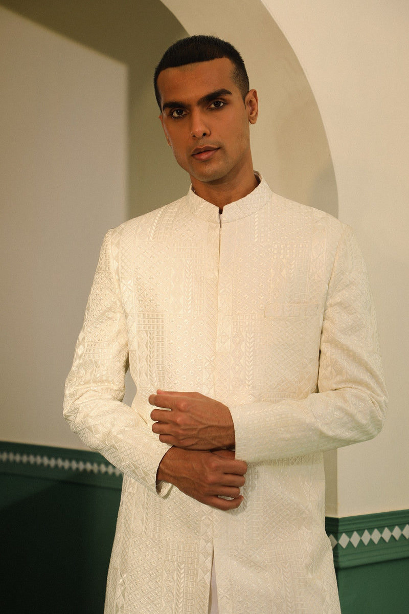 Threadwork achkan on chanderi with cotton silk kurta and pant