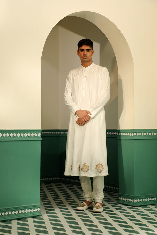 Linen satin sherwani , showcasing the beauty of block print SW1406