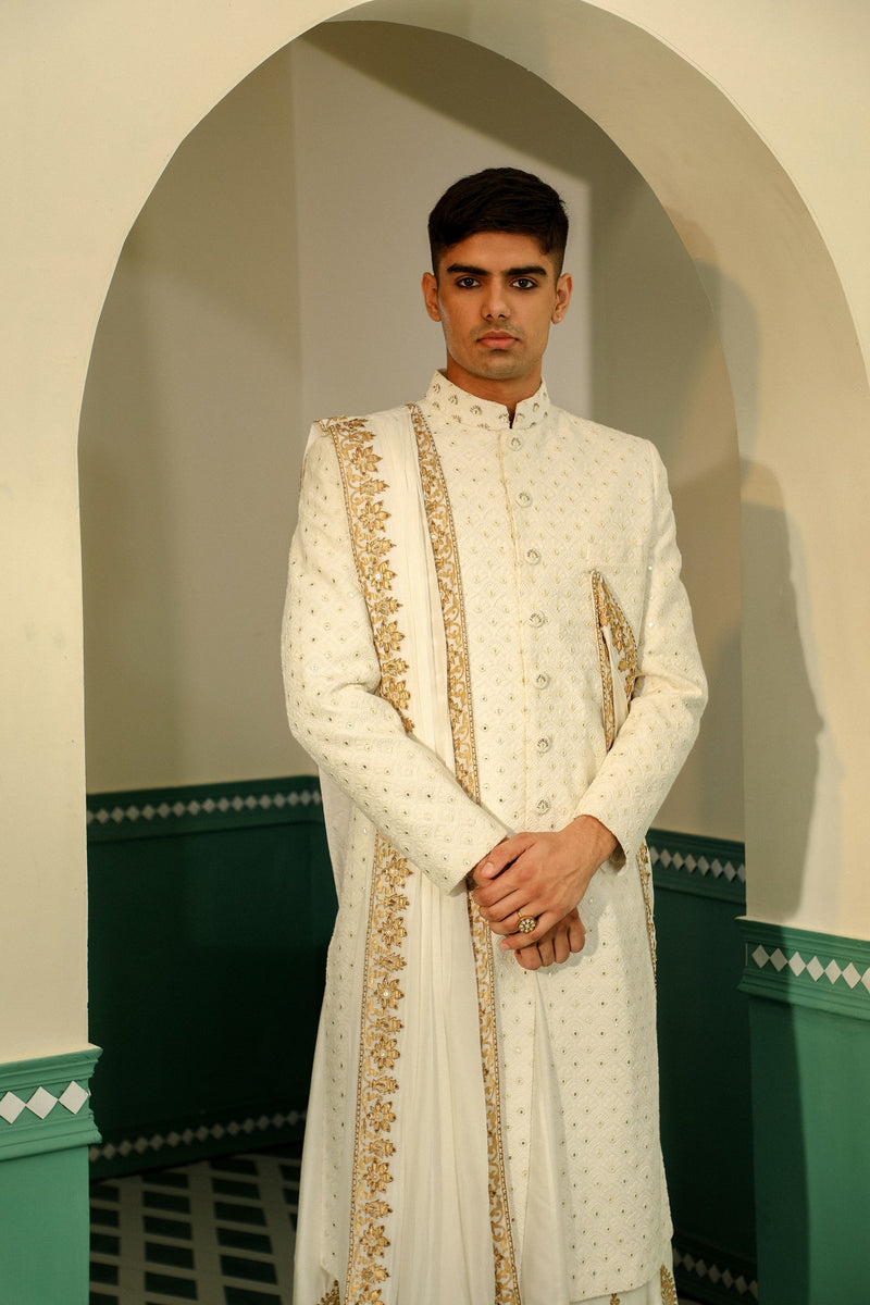 Linen satin sherwani , showcasing the beauty of block print SW1406