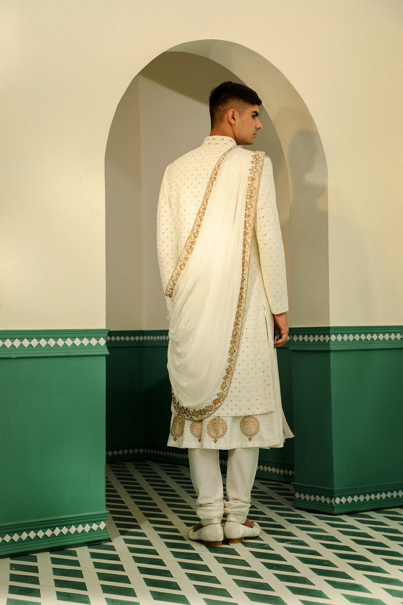 Linen satin sherwani , showcasing the beauty of block print SW1406